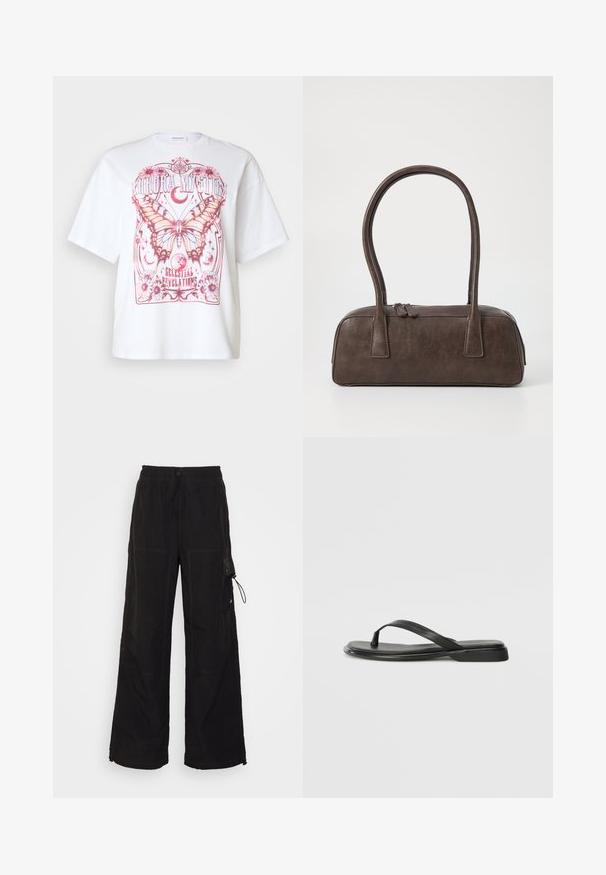 Bílý oversized tričko s růžovou grafikou motýla, květinovými akcenty a textem "Aurora Mystic Celestial Revelations."; Černé kalhoty s širokými nohavicemi vyrobené z texturované tkaniny. Mají elastický pas se stahovací šňůrkou, boční kapsy a kontrastní prošívání.; Černé žabky vyrobené z hladké kůže, s tenkým designem popruhu a plochou podrážkou s minimálním profilem. Žádné výrazné vzory ani akcenty.; Hnědá kožená kabelka s dvěma pevnými uchy, obdélníkový tvar, hladká textura a zipové zavírání. Minimalistický design bez viditelných vzorů.; Stříbrné kovové náušnice s vlnitým, sochařským designem s leštěným povrchem a nepravidelnými tvary, které zdůrazňují moderní estetiku.