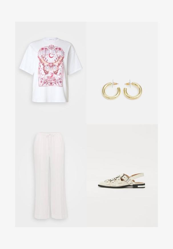 Bijela oversized majica s ružičastim grafičkim prikazom leptira, cvjetnim detaljima i natpisom "Aurora Mystic Celestial Revelations."; Bijele hlače širokih nogavica od laganog materijala, s elastikom u struku i vezicom, te vertikalnim šavovima za dodatnu teksturu.; Sandalice sa zatvaračem u bijeloj koži s višestrukim širokim trakama i srebrnim kopčama; ravni potplat s malim crnim potpeticama i metalnim akcentima.; Zlatne kružne naušnice s glatkom, sjajnom završnom obradom. Kružni dizajn s malom potporom i prozirnom podlogom za sigurno nošenje.