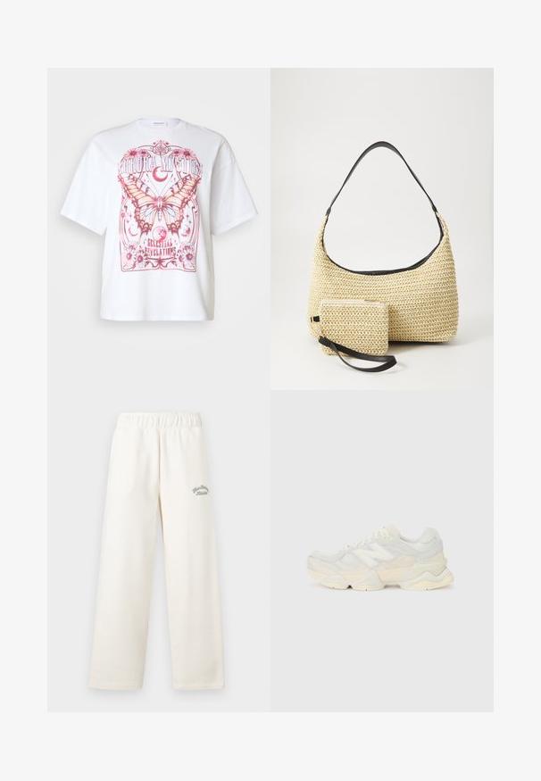 Valge ülemõõduline T-särk, millel on roosa liblika graafika, lillemotiivid ja tekst "Aurora Mystic Celestial Revelations."; Kreemikas värvitoon laiad püksid, mis on valmistatud pehmest materjalist ja millel on elastne vöökoht. Esiküljel on peen roheline tikkimine.; Kerge tenniseking, mille pealis on valmistatud võrgust ja seemisnahast pehmes kreemitoonis, koos paksu tallaga ja kolmemõõtmeliste aktsentidega.; Kootud õlekott, millel on kõver siluett, ja sile must nahkrihm ning sobiv väike kott, mis on kinnitatud randme rihmaga.