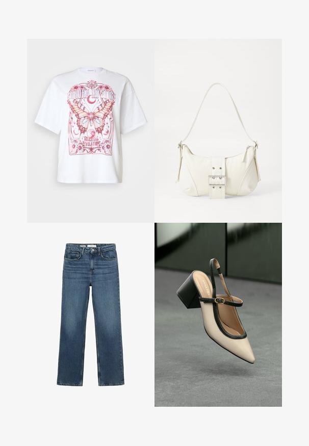 Valkoinen oversize t-paita, jossa on vaaleanpunainen perhosgrafiikka, kukkaakoristeita ja teksti "Aurora Mystic Celestial Revelations."; Tummansinisiä suoria farkkuja, jotka on valmistettu denimsistä. Niissä on viisi taskua, vyölenkit ja nappisulku. Ei näkyvää kulutusta tai koristeita.; Beige slingback-kengät, joissa on musta reuna, kultahakas, ja paksu lohkoheel, harmaalla lattialla tummanvihreää taustaa vasten.; Valkoinen olkalaukku, jossa on teksturoitu pinta, keskeinen solkiyksityiskohta ja kaareva muoto. Vetoketjusulkimet kummallakin puolella.