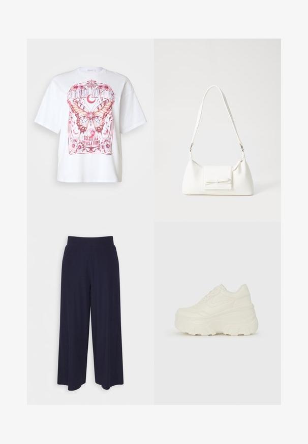 White oversized t-shirt featuring a pink butterfly graphic, floral accents, and text saying "Aurora Mystic Celestial Revelations."; Wide-leg trousers in dark navy fabric with a ribbed texture. Features a smooth waistband and a flowy silhouette, reaching mid-calf length.; White platform sneakers featuring a smooth leather-like upper, rounded shape, padded collar, and textured rubber sole with defined treads.; White synthetic handbag with a triangular shape, flat front flap and bow detail, adjustable strap, smooth texture, and minimalistic design.