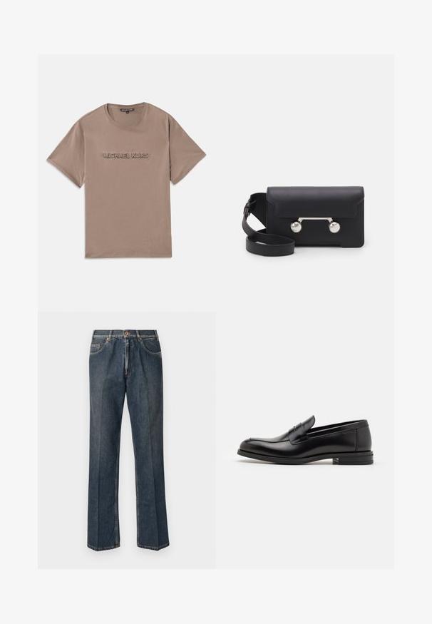 Brun bomuld t-shirt med rund hals. Har et præget "MICHAEL KORS" logo på forsiden. Korte ærmer og lige pasform.; Mørkeblå lige ben denim jeans med frontknap, lynlås, dobbelte forlommer og synlige lodrette folder ned langs benene.; Sorte læderloafers med en glat overflade, rund tå og en dekorativ strop over vampen. Lav hæl med stabeldesign, minimalistisk stil.; Sort læder crossover taske med klaplukning, sølvfarvet hardware og to runde accenter. Har en aftagelig rem. Glat tekstur.