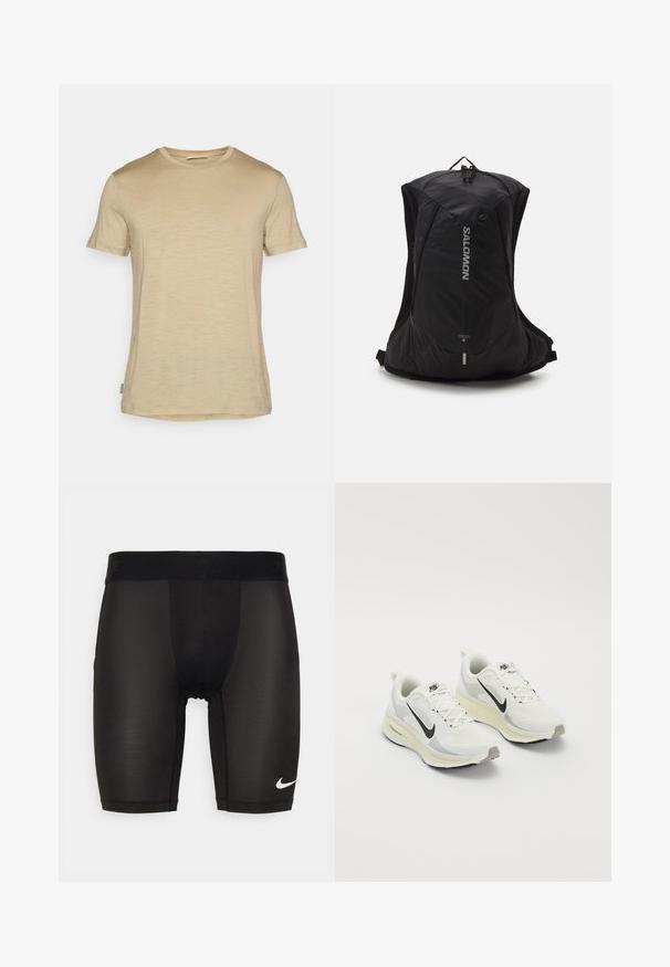 Beige lühikeste varrukatega t-särk, mis on valmistatud kergest kangast; sellel on ümmargune kaelus ja kerge tekstuur ning sirge lõikega alläär.; Mustad spordipüksid, mis on valmistatud siledast ja venivast kangast. Omab laia vööd, millel on välja pressitud brändi nimi ja väike valge logo jalal.; Valged hingavad tossud, millel on heledashallid aktsendid. Omavad musta swoosh logo ja heledashallist kummist välistald.; Salomon CROSS 8 - Matkakott - black