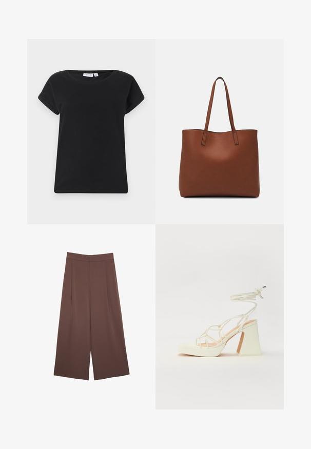 Črna bombažna majica s krojnim ovratnikom, kratkimi zvitimi rokavi in sproščenim krojem. Ponuja gladko teksturo in minimalni dizajn.; Rjave široke hlače z gladko teksturo, ki imajo visok pas in sprednje naborke. Tkanina je lahka in prosto pada.; Bela sandala na visokih petah s debelim petam, ki ima obliko trakcev in vezanje okoli gležnja. Gladka tekstura z platformo spredaj za dodatno višino.; Rjava usnjena torba z gladko teksturo, odprto zasnovo zgoraj in dvema naramnima trakovoma. Opremljena je z minimalnim šivanjem in brez vidnih kovinskih delov.