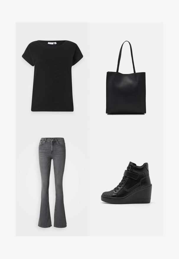 Čierne bavlnené tričko s okrúhlym výstrihom, krátkymi zrolovanými rukávmi a voľným strihom. Má hladkú textúru a minimalistický dizajn.; Sivé rozšírené džínsy s vysokým pásom, zapínaním na gombík, piatimi vreckami a jemnými stehovými detailmi. Vyrobené z denimu s hladkou textúrou.; Čierne vysoké wedge tenisky z hladkej kože, so šnurovaním vpredu, nastaviteľným popruhom a dekoratívnymi zipsami.; Čierna kožená taška na rameno s hladkým povrchom, obdĺžnikovým tvarom a dvoma dlhými uchami. Bez viditeľného kovania alebo ozdôb.