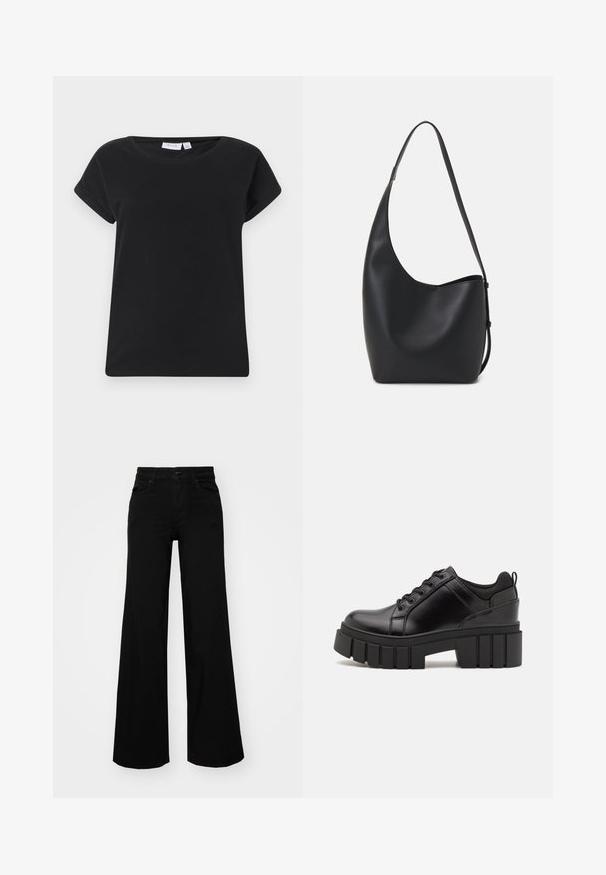 Črna bombažna majica s krojnim ovratnikom, kratkimi zvitimi rokavi in sproščenim krojem. Ponuja gladko teksturo in minimalni dizajn.; Črne široke denim hlače s strukturiranim pasom, z zankami za pas in sprednjimi žepi. Gladka tekstura s klasičnim dizajnom.; Črne usnjene platforme z debelim blokastim petam, okroglo konico in klasičnim vezanjem. Imajo gladko teksturo in minimalne podrobnosti.; Črna usnjena hobo torba z gladko teksturo, ukrivljeno obliko in eno nastavljivo naramnico; ima širok odprtina na vrhu.