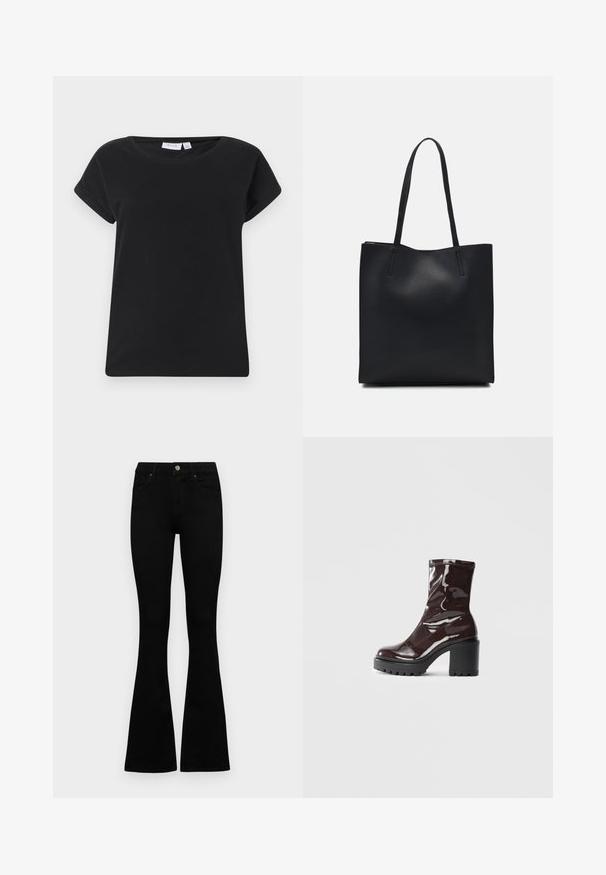 Črna bombažna majica s krojnim ovratnikom, kratkimi zvitimi rokavi in sproščenim krojem. Ponuja gladko teksturo in minimalni dizajn.; Črne visokotopne kavbojke z gumbom in zadrgo, sprednjimi žepi in razširjenimi hlačnicami, poleg bel background.; Sijajan škrlatank z bleščečim videzom, z masivnim črnim peto, ki se ponaša z gladko teksturo in preprostim dizajnom. Brez vidnih zapenjal ali vzorcev.; Črna usnjena torba s svilnato teksturo, pravokotne oblike in dvema dolgima ročajema. Brez vidnih metalnih delov ali okrasnih elementov.