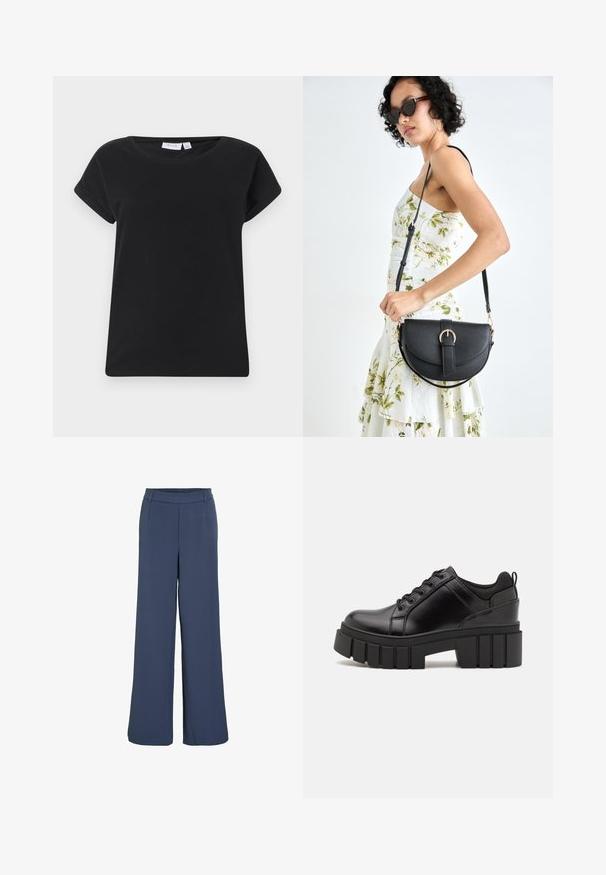 Musta puuvillapaita, jossa on pyöreä kaula-aukko, lyhyet käännetyt hihat ja rento istuvuus. Ominaisuuksiin kuuluu sileä pinta ja minimaalinen muotoilu.; Vaatteet leveät housut tummansinisestä kankaasta, jossa on joustava vyötärö ja sileä pinta. Ei näkyviä kuvioita tai metalliosia.; Mustat nahkakengät, joissa on lättihenkinen korko, pyöreä kärki ja perinteinen nauhakiinnitys. Ominaisuuksiin kuuluu sileä pintakuvio ja minimaalinen yksityiskohtaisuus.; Musta nahkainen käsilaukku, joka on kaareva muotoilultaan, irrotettavalla hihnalla ja kultaisilla yksityiskohdilla. Laukussa on läppä, jossa on solk yksityiskohta.