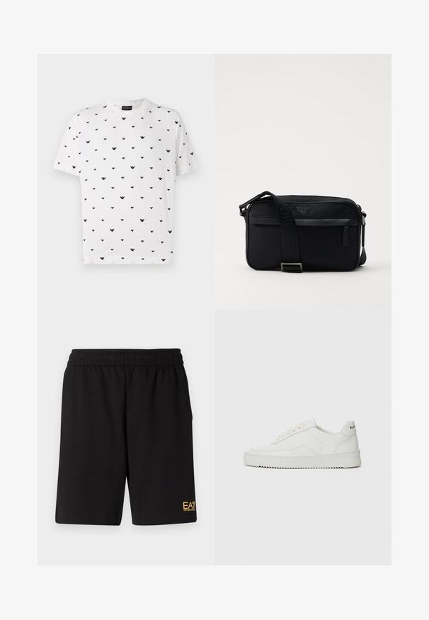 Bela majica s kratkimi rokavi, ki ima ponovljen črn V-oblika vzorec, izdelana iz mehke bombažne tkanine, sproščenega kroja in okrogle ovratnice.; Črne športne kratke hlače iz mehkega blaga, z elastičnim pasom in majhnim rumenim logotipom EA7 na spodnjem levem delu noge.; Bela usnjena športna obutev z gladko površino, okroglo prst, ravne vezalke in teksturiran podplat. Ima diskretno logo na peti.; Črna najlonska torba za ramena z kontrastnim trakom, elegantne pravokotne oblike, podrobnostjo z logotipom in žepom na zadrgo spredaj.