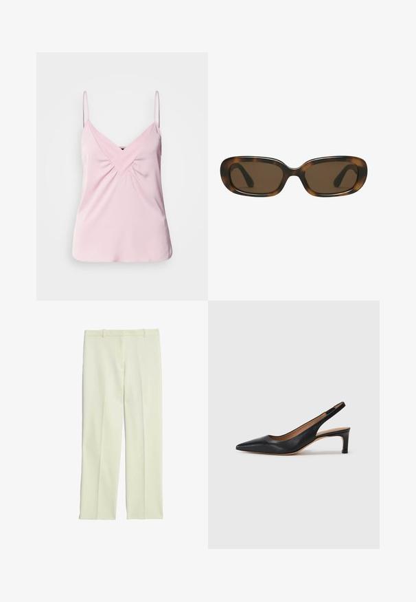 Top sin mangas de color rosa claro con escote en V y detalles fruncidos en el frente. Hecho de una tela suave, con tirantes delgados y un dobladillo redondeado.; Pantalones ajustados de color crema con un diseño de pierna recta, que presentan un frente plano, presillas para cinturón y una textura suave.; Zapato de tacón tipo slingback de cuero negro con punta afilada, tacón bajo y una textura suave. Cuenta con una delgada correa ajustable para un ajuste seguro.; Gafas de sol de carey con un marco rectangular redondeado y suave, y lentes marrones. Presenta brazos delgados y curvados con un acabado brillante.