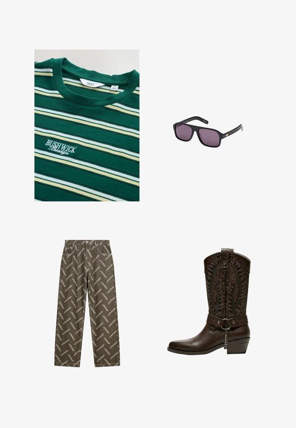 Grünes gestreiftes T-Shirt aus weichem Stoff. Es hat weiße, gelbe und dunkelgrüne Streifen mit dem aufgestickten Text "BUSHWICK" in Weiß.; Khaki-Jeans mit einem durchgehenden Federdesign in hellbeige. Lockere Passform mit Standardtaschen und Kontrastnähten.; Bershka Cowboy-/Bikerboot - brown; Schwarze Sonnenbrille mit quadratischem Rahmen, dunklen Gläsern und einem goldenen Logoakzent am Bügel. Glattes Kunststoffmaterial mit matter Oberfläche.