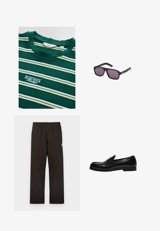 Groene gestreepte t-shirt gemaakt van zachte stof. Voorzien van witte, gele en donkergroene strepen met de tekst "BUSHWICK" geborduurd in het wit.; Zwarte joggingbroek met elastische tailleband, rechte pijp en subtiel logo aan de zijkant. Gemaakt van zacht, soepel materiaal.; Zwarte leren loafers met een gladde afwerking, voorzien van stiksel op de voorkant en een lage, stevige zwarte rubberen zool.; Zwarte zonnebril met een vierkant frame, donkere lenzen en een gouden logoaccent op de arm. Gladde kunststof met een matte afwerking.