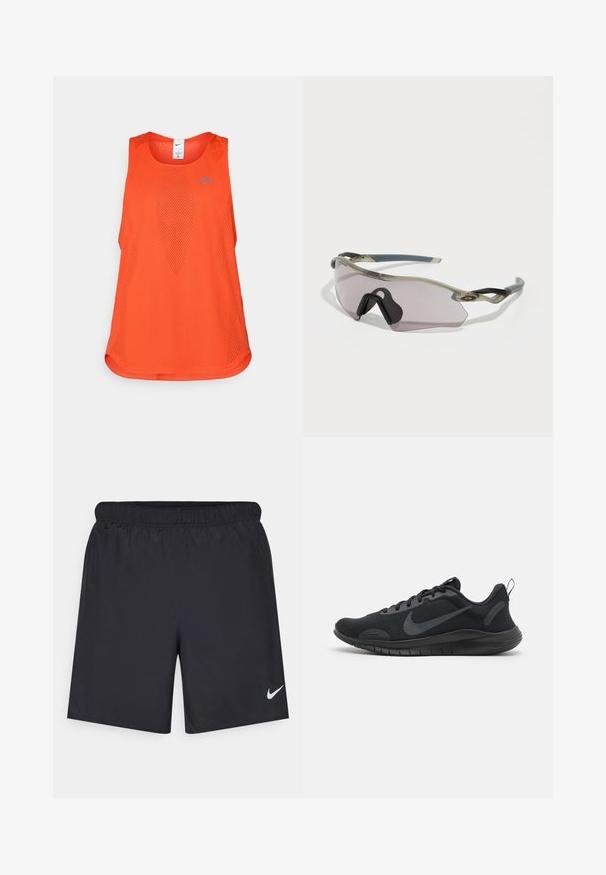 Oranžna atletska majica brez rokavov iz mrežaste tkanine. Ima okroglo ovratnico, brezrokavni dizajn in subtilen modri logotip na prsih.; Črne atletske kratke hlače iz lahkotnega materiala z elastičnim pasom. Imajo majhen bel Nike logo na spodnji levi strani.; Črne atletske čevlje z teksturiranim zgornjim delom, zavezovanjem z vezalkami in gladkim podplatom. Imajo izstopajoč logotip na boku in zanko na peti.; Sončna očala s prosojnim sivim okvirjem, toniranimi lečami in kotno obliko. Imajo značilno nosno oporo in teksturirane temne sive ročke.