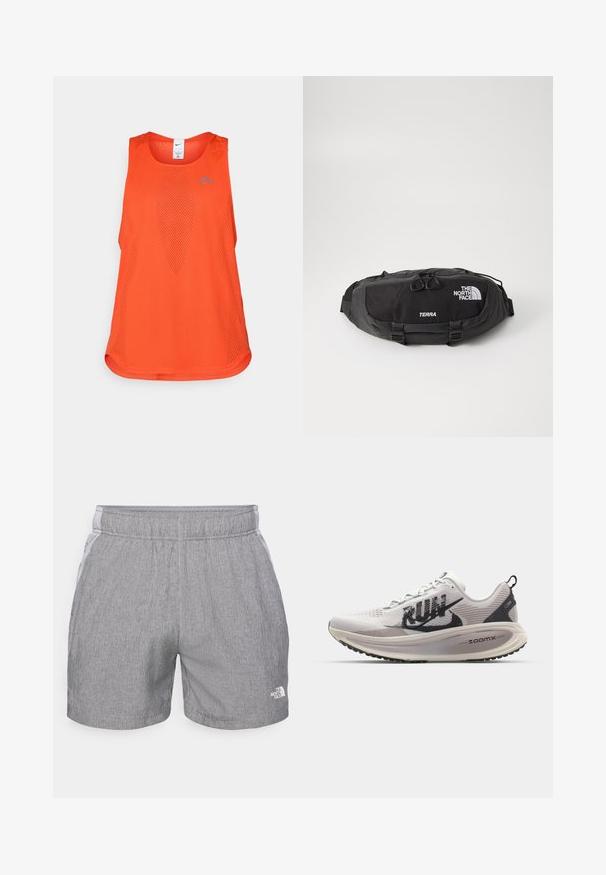 Camisola desportiva laranja feita de tecido em rede. Apresenta um decote redondo, design sem mangas e um logótipo azul subtil no peito.; Calções de desporto cinzentos feitos de um tecido leve e respirável. Apresentam uma cintura elástica e um pequeno logótipo branco no canto inferior direito.; Nike Performance VOMERO 18 RUN - Sapatos para corrida em estrada - summit white/black/college grey/vast grey/sequoia/sail; Bolsa de cintura preta feita de material de nylon durável, com um bolso com fecho éclair e puxadores duplos, e logotipo e texto contrastantes em branco. Design compacto com correias ajustáveis.