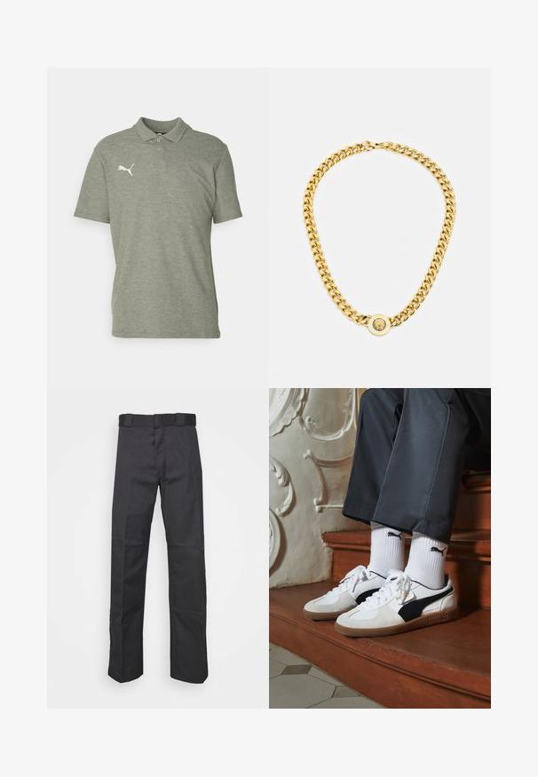 Pilkas polo marškinėliai iš švelnaus, tekstūruoto audinio su klasikiniu apykakle ir trumpomis rankovėmis. Išsiuvinėtas baltas logotipas kairėje krūtinės pusėje.; Juodos kelnės, pagamintos iš patvarios medžiagos, su tiesiais kaire, juosmeniu su diržo kilpomis ir siūlėmis, suteikiančiomis tekstūrą.; Puma sportbačiai baltoje ir juodoje zomšo spalvų derinys, su rudu guminio pado apdaila. Derinama su baltais kojiniais, kuriuose pavaizduota juoda logotipas, dėvimi su tamsiomis kelnėmis.; Auksinė grandinė su dideliais susijungusiais žiedais, centruje uždedamas apskritas pakabukas su iškilnia emblema.