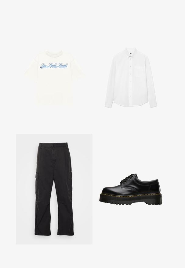 LOW LIGHTS STUDIOS® NATIONAL - Camiseta estampada - ecru; Camisa blanca de manga larga con botones y cuello, bolsillo frontal y una textura sutil. La tapeta delantera tiene botones y un pequeño detalle del logo.; Pantalones cargo negros con un diseño de pierna recta, que cuentan con dos bolsillos laterales, un cierre de botón y una tela texturada.; Zapato negro de cuero con cordones, con una suela de goma negra gruesa y serrada, y costuras amarillas a lo largo del borde, presentando un acabado suave.