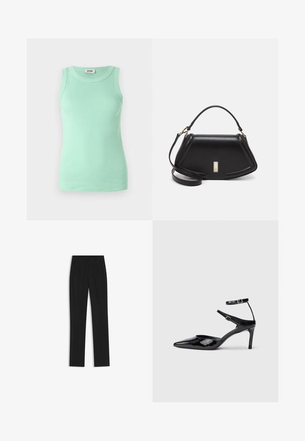 Mint green sleeveless top made of ribbed fabric with a round neckline and a fitted design. Tag visible at the neckline.; Black tailored trousers with a straight-leg design, featuring front pockets and a smooth, textured fabric. Neat, minimal detailing.; Black patent leather heels with a pointed toe, adjustable ankle straps, and a slender heel. Smooth texture with a shiny finish.; Black leather handbag with a structured design, featuring a cropped shape, top handle, and gold hardware accent. Adjustable shoulder strap included.