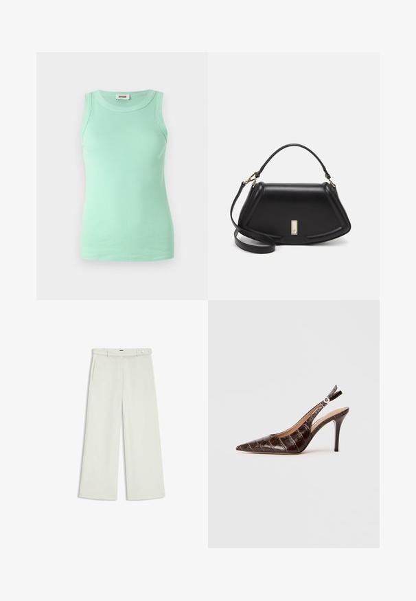 Mintgrünes ärmelloses Top aus Rippstoff mit rundem Halsausschnitt und taillierter Passform. Etikett am Halsausschnitt sichtbar.; Weite Hose aus zartem Creme-Stoff, mit seitlichen Taschen, flatem Bund und einer Knopfverschluss an der Taille. Glatte Textur.; Braune, krokodil-prägierte Leder-Slingback-Pumps mit spitzem Schuhkopf, offenem Seitenbereich und dünnem hohen Absatz. Mit einer Schnallenverstellung gestaltet.; Schwarze Lederhandtasche mit einem strukturierten Design, das eine verkürzte Form, einen oberen Griff und goldfarbene Hardware-Details aufweist. Verstellbarer Schulterriemen ist enthalten.