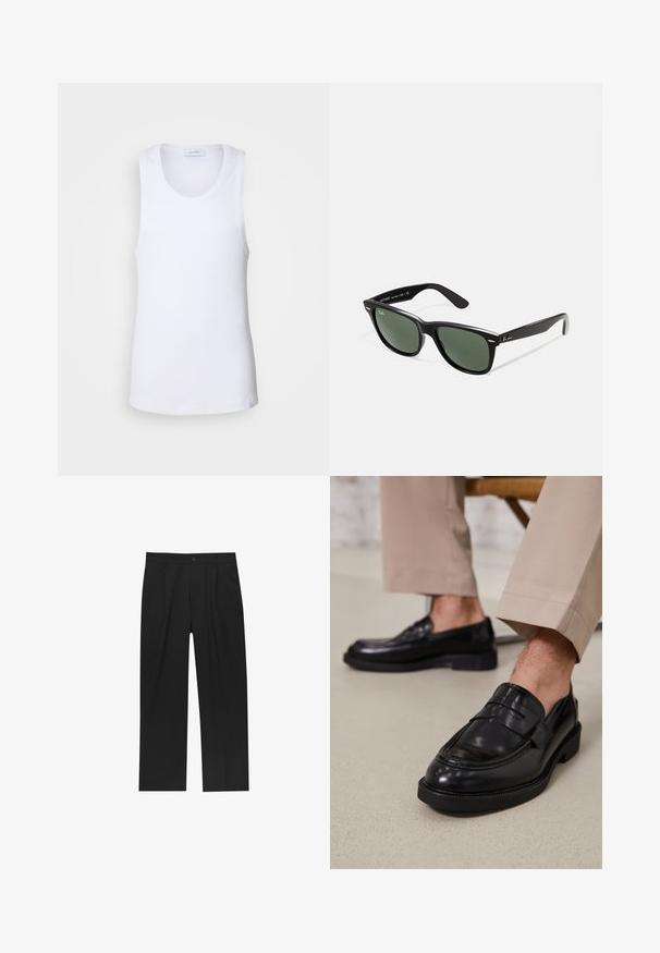 Top bianco senza maniche realizzato in morbido cotone, con scollatura rotonda e orlo dritto. Dettagli di cucitura minimal.; Pantaloni neri con un design a gamba dritta, realizzati in un tessuto liscio. Presentano pieghe frontali e una chiusura a un bottone in vita.; Mocassini in pelle nera con finitura liscia, dotati di una cintura decorativa e cuciture a contrasto, abbinati a pantaloni beige.; Occhiali da sole in plastica nera con lenti verdi, montatura quadrata, dettaglio argento sulla parte superiore e steli con texture. Marchio indicato sulla parte interna dello stelo.