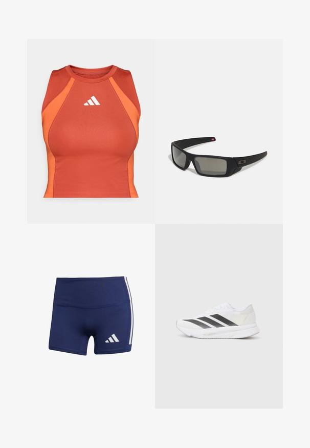 Oranžový sportovní crop top vyrobený z hladkého, elastického materiálu. Má design s vyřezávaným zády a bílým logem na přední straně.; Tmavě modré sportovní šortky s těsným střihem, vyrobené z hladké látky, s bílými bočními pruhy a logem na dolní levé straně.; Bílé sportovní tenisky s černými diagonálními pruhy, síťovaným svrškem, zaoblenou špičkou a texturovanou podrážkou. Zajímavosti zahrnují stříbrnou patu a minimalistický design.; Černé sluneční brýle s matným povrchem, obdélníkové čočky, mírná křivka na spáncích, nenápadný detail loga a čočky s kouřovým zabarvením.