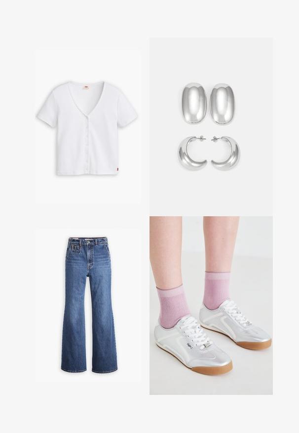 Top scurt cu maneci scurte, alb, cu decolteu adânc în V, având o linie cu șase nasturi pe față și un mic logo roșu pe tiv.; Jeans din denim albastru, cu talie înaltă și croială largă, având o buzunar frontal, închidere cu nasture din alamă și cusături de contrast.; Pantofi sport argintii cu accente albe și tălpi din cauciuc, asociați cu ciorapi roz cu model ribbed, evidențiind un design cu profil redus.; Set de cercei argintii: două stud-uri ovale și două cercuri în formă de semilună, având un finisaj lucios și neted și un design rotunjit.