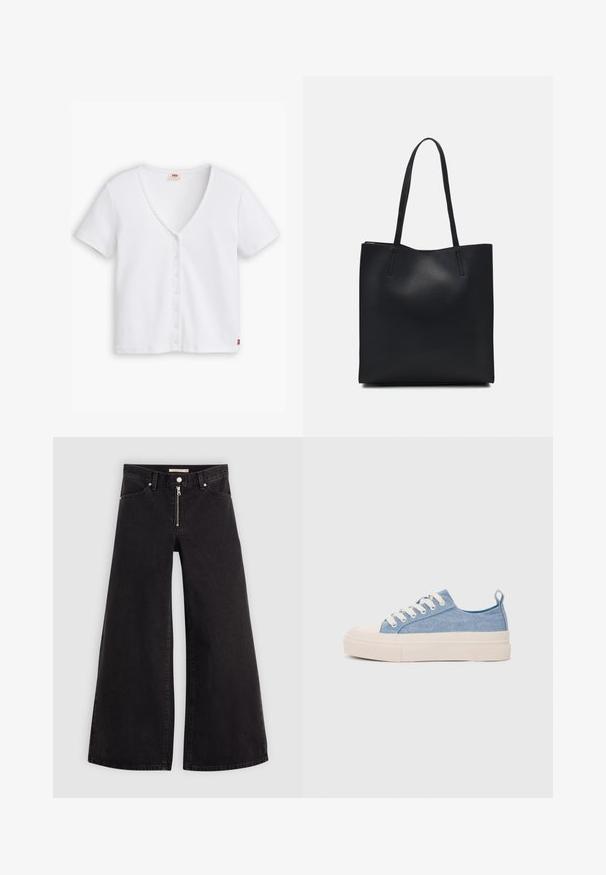 Wit geribbeld T-shirt met korte mouwen en een diepe V-hals, met een rij van zes knopen aan de voorkant en een klein rood logo op de zoom.; Wijdvallende jeans van zwarte denim met een ritssluiting aan de voorkant, vijf zakken en subtiele stikdetails. Soepele textuur en casual stijl.; Lichtblauwe canvas sneakers met een crème rubberen neuskap en zool, voorzien van witte veters en een trekstrip op de hiel.; Zwarte leren handtas met een gladde textuur, rechthoekige vorm en twee lange handvaten. Geen zichtbare hardware of versieringen.