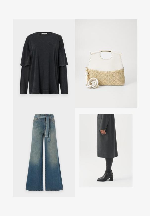 Fekete, túlságosan nagy póló, rövid ujjal, hosszú ujjú aláöltözetre rétegezve. Puha, texturált anyagból készült, diszkrét logó részlettel.; Bőszárú farmernadrág, világos és sötétkék árnyalatokkal, magas derekú, övgyűrűkkel és a nadrággal megegyező anyagú övvel. Textúrált farmer kivitel.; Szürke, szabott overál, egyenes vonallal; térd fölé érő fekete bőrcsizmákkal párosítva, négyzetes orral és vastag sarokkal.; Fehér bőr kézitáska texturált krémszínű, szőtt anyagú aljjal. Aranyszínű fogantyúval és tekert fehér pánttal rendelkezik a sokoldalúság érdekében.