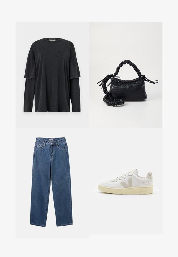 Czarna, oversized koszulka z krótkim rękawem noszona na długim rękawie. Wykonana z miękkiej, strukturalnej tkaniny z subtelnym detalem logo.; Klasyczne niebieskie dżinsy o prostym kroju, pięć kieszeni i zapięcie na guzik. Charakteryzują się średnim odcieniem i solidną teksturą.; Białe skórzane trampki z beżowymi zamszowymi akcentami, perforowanym noskiem, płaskimi sznurowadłami i teksturowaną kremową podeszwą. Posiadają subtelne logo na pięcie.; Czarna torebka z syntetycznej skóry o teksturze krokodyla, z zaciąganym górnym zamknięciem i marszczonym paskiem. Wygląda na miękką i zwartą w designie.