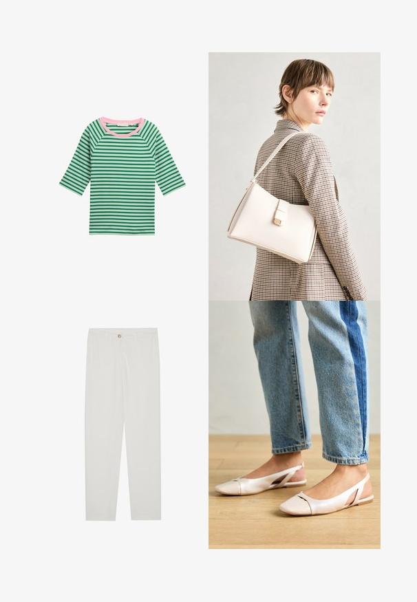 Zaļi un krēmi svītrots krekls ar rozā apaļu kakla izgriezumu un 3/4 raglan piedurknēm. Mīksts audums ar gludu tekstūru. Nav redzamu rotājumu.; Baltas, pielāgots bikses ar taisnu kāju dizainu, ar pogu aizdari, jostu cilpām un sānu kabatām; gluda auduma tekstūra.; Bālti rozā siksniņu dzīvokļi ar smailu purngalu, izgatavoti no gludas ādas līdzīgās materiāla. Iezīmē izgriezumu detaļas sānos un platu papēdi.; Balta ādas rokassoma ar strukturētu dizainu, kurai ir magnētiska aizdare un plecu josta, parādīta uz neitrāla fona.