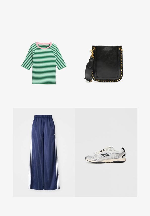 Vihreä ja kermanvalkoinen raidoitettu paita, jossa on vaaleanpunainen pyöreä pääntie ja 3/4 raglan-hihat. Pehmeä kangas, jossa on sileä pinta. Ei näkyviä koristeita.; Tummansiniset leveälahkeiset housut, joissa on pystysuorat valkoiset raidat, joustava vyötärö ja kolme valkoista raitaa kummallakin puolella, valmistettu kevyestä materiaalista.; Harmaa ja valkoinen urheilujalkine, jossa on pyöreä kärki, verkkokangas ja synteettiset materiaalit, mustat yksityiskohdat ja kuvioitu kumipohja.; Mustikka nahkalaukku, jossa on kultaiset niitit reunoilla, tasainen muoto ja säädettävä hihna, jossa on kultainen lukko.