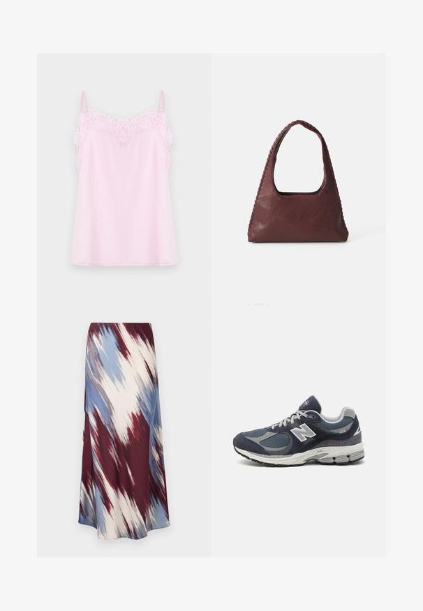 Rožinė naktinė su reguliuojamomis petnešėlėmis, turinti švelnų nėrinių apdailą prie kaklo ir glotnią, minkštą medžiagą.; Ilga sijonas su įstrižine tinklelio modeliu, nudažytas bordo, mėlyna ir kreminės spalvos, pagamintas iš minkštos medžiagos su laisva siluete ir nedideliu blizgesiu.; New Balance sportbačiai su tamsiai mėlyna tinkliniu ir veliūro viršumi, pilkomis detalėmis, baltu logotipu, paminkštintu padu ir tekstūruotais akcentais.; Burgundi odinės rankinės trikampio formos, atvira viršuje ir pintas detalės palei rankeną. Lygus paviršius su matinio apdaila.