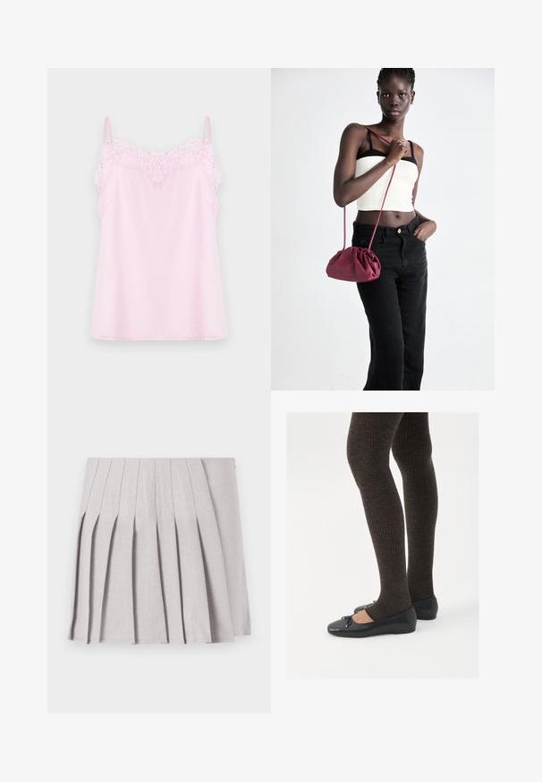 Vaaleanpunainen toppi, jossa on säädettävät olkaimet, ja jossa on herkkä pitsireunus kaula-aukossa sekä sileä, pehmeä kangastunne.; Harmaa laskostettu hame, jossa on sileä pinta, useita pystysuoria laskoksia ja kapea vyötärö. Valmistettu kevyestä kankaasta.; Mustat matalat kengät, joissa on pieni nauha varpaissa, yhdistettynä tummanruskeisiin ribattuisiin sukkahousuihin. Kengissä on sileä pinta ja matala profiili.; Burgundi pehmeast kangast käekott, millel on kortsuline disain ja pikk rihm, kantud üle rinna. Modell kannab valget lühikest toppi ja musti teksaseid.