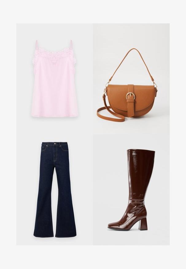 Rosa cami med justerbare stropper, med en delikat spissdetalj langs halslinjen og en glatt, myk tekstur.; Mørkeblå vide denimjeans med høy midje, frontlommer og gyldne sømdetaljer. Glatt tekstur med tradisjonell passform.; Knelange brune lakk lær støvler med firkantet tå, blank overflate og en klumpete hæl for stabilitet. Sømløst design uten synlige detaljer.; Brun lærcrossbody-veske med en buet form, gullhardware og et spenneakcent. Har en avtakbar skulderreim.