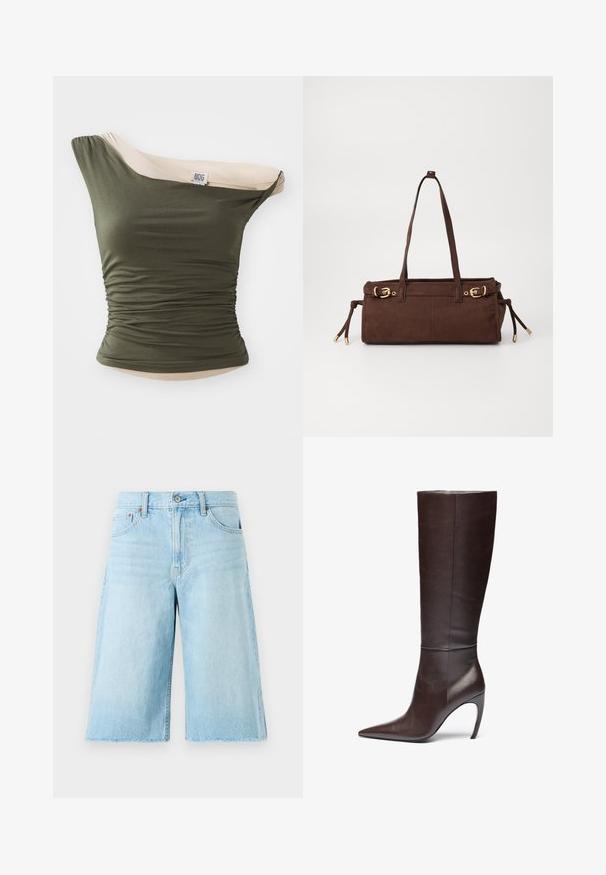 BDG Urban Outfitters FREYA TWIST - Felső - khaki; Világoskék farmer rövidnadrág, laza fazonnal, kopott szegéllyel, öt zsebbel és fém kiegészítőkkel. Klasszikus farmer dizájn, enyhe kopással.; Barna bőr, térdig érő csizma, hegyes orral és tűsarkúval, sima textúrával és minimalista dizájnnal.; Barna velúr bevásárlótáska két vállpánttal, arany színű fém részekkel és állítható oldali megkötőkkel. Cipzáras zárása és sima felülete van.; Ezüst karika fülbevalók sima, fényes felülettel. Kerek forma, enyhén ívelt dizájnnal és összemosott szélekkel. Rögzítő csattal.