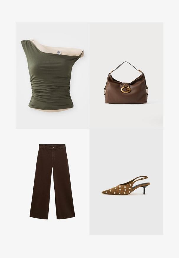 BDG Urban Outfitters FREYA TWIST - Top - khaki; Rjave široke hlače iz mešanice bombaža, z raztrganim robom, sprednjim gumbom in klasičnim dizajnom s petimi žepi. Minimalistične in vsestranske.; Rjave zamsheve slingback čevlje na kitten peto z izostrenim nosom in srebrnimi okroglimi žeblji na zgornjem delu in straneh, na enobarvni beli ozadju.; Rjavo usnjeno ročna torbica z teksturirano površino, ki ima zlato toniran zaklep in en sam, ukrivljen naramnico.