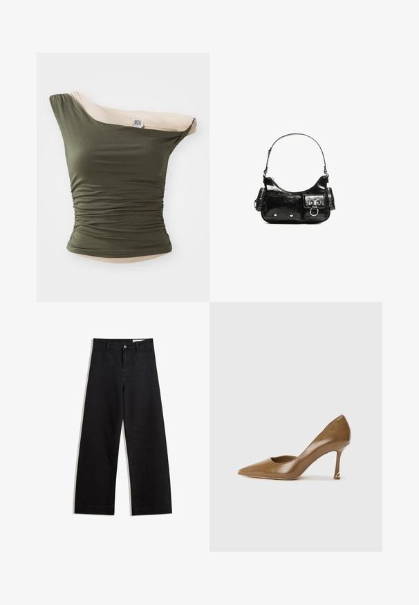 BDG Urban Outfitters FREYA TWIST - Felső - khaki; Fekete, bő szabású farmernadrág magas derékkal, elülső és hátsó zsebekkel, varrott felületekkel és gombos záródással. Sima textúra.; Barna bőr, magas sarkú cipő hegyes orral, kivágott felsőrészsel és arany díszítéssel a sarkán. Simább textúrájú és elegáns kialakítású.; Fekete lakkbőr kézitáska ívelt formával, egy vállpánttal, elülső zsebekkel és ezüstszínű fémrészletekkel.