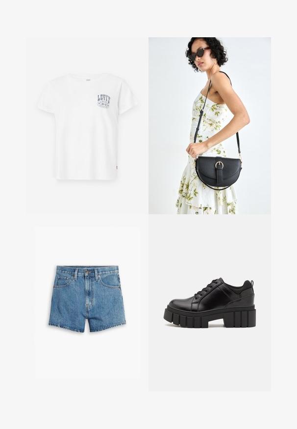 Camiseta de algodón blanca con mangas cortas, que presenta un gráfico del logo "Levi's" en azul en el lado izquierdo del pecho y una etiqueta roja en el lateral.; Pantalones cortos de denim en azul claro, con cinco bolsillos, cremallera y cierre de botón. El dobladillo está deshilachado y tiene un diseño de ajuste relajado.; Zapatos de plataforma de cuero negro con un tacón cuadrado grueso, punta redonda y diseño tradicional de cordones. Presenta una textura suave y un detalle minimalista.; Bolso de piel negra con forma curva, correa desmontable y herrajes dorados. El bolso cuenta con una solapa con un detalle de hebilla.