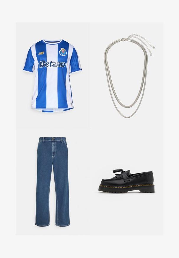 Mėlyno ir balto dryžuoto futbolo marškinėlių su apvalia kaklo iškirpte, logotipu kairiajame viršutiniame kampe ir rėmėjo tekstu per krūtinę. Pagaminta iš kvėpuojančios medžiagos.; Mėlyni džinsai su tiesiu kirpimu, penkių kišenių dizainu, metaliniu sagatavu uždarymu ir matomomis siūlėmis palei siūles ir kraštus.; Juodas odinis loaferis su kutais, turintis masyvų juodą pado ir geltonus siūlus palei kraštą. Textūruota danga.; Trijų sluoksnių sidabrinė metalinė apyrankė, kuri pasižymi stilingomis, lankstosiomis grandinėlėmis su švelniu blizgesiu, užsegama krabų užsegimu ir reguliuojama grandinė.