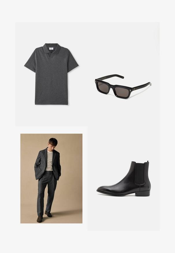 Kulgrå kortærmet polo med krave og uden synlige knapper, lagt fladt på en hvid baggrund.; Langærmet grå skjorte med knapper, brystlomme og knap-nede krave, lagt fladt på en hvid baggrund.; Grå skræddersyet jakkesæt med klaplapeller og frontlommer, suppleret med en stribet skjorte. Bukserne har en afslappet pasform og pressede folder. Brune sko.; ALDO BERT - Støvletter - black; Sorte rektangulære solbriller med mørke glas, tyk plastisk ramme, guldtryk på stængerne og brandlogo indgraveret på armen.
