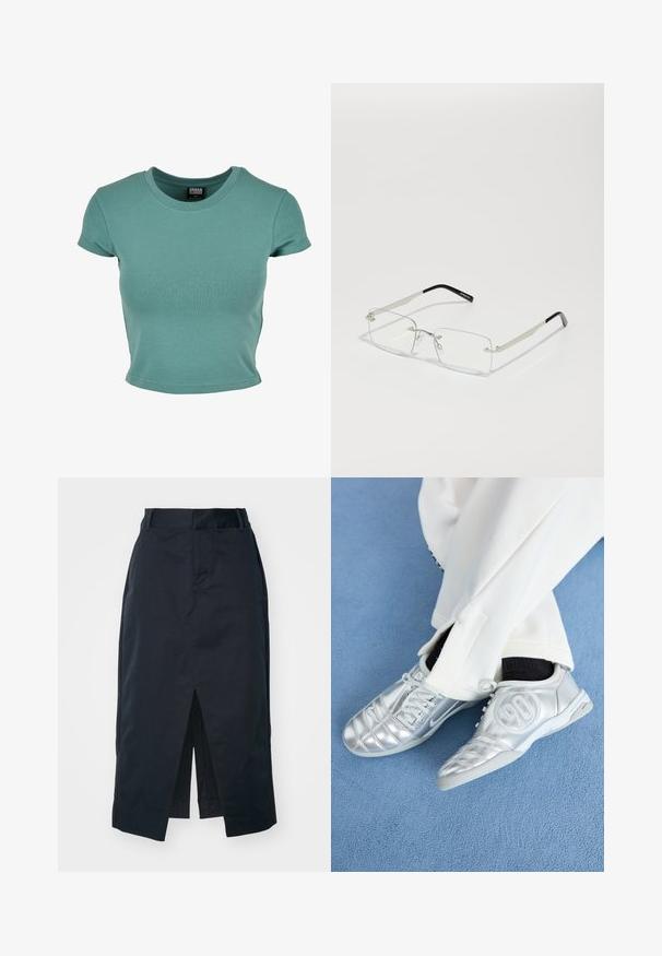 Kortermet t-skjorte med rund hals i teal, laget av myk bomull med en tettsittende design og hemmede kanter.; Mørk marine midi skjørt laget av bomullsblanding, med et frontslitt, skjult glidelås og sidelommer for funksjonalitet.; Sølv atletikksko med en glatt, skinnende overflate, med et sydd design og tallet 90 på siden, kombinert med hvite bukser.; Rektangulære briller med klare linser, tynn sølvmetallramme og svarte acetat-tips. Har minimalt med maskinvare for et elegant design.