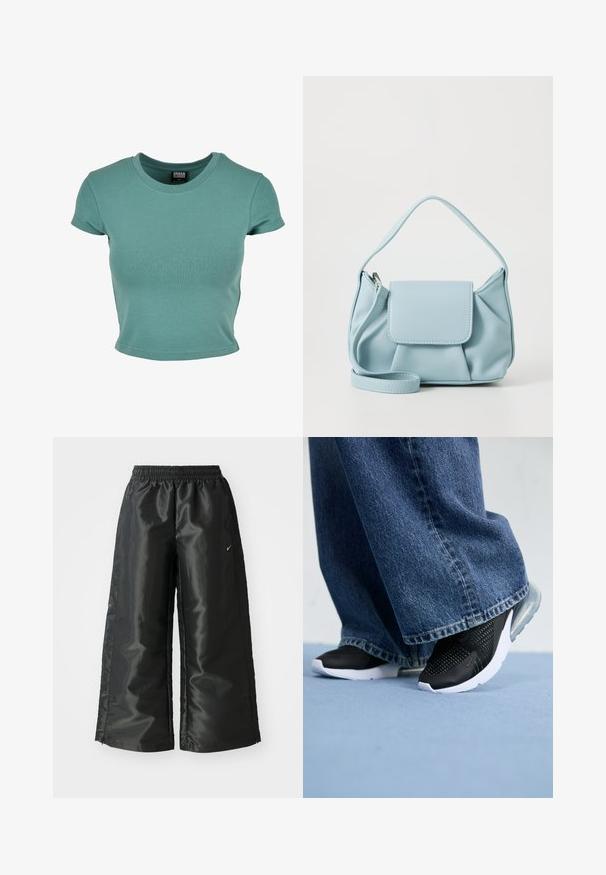 Short-sleeve, crew neck t-shirt in teal, made from soft cotton material with a fitted design and hemmed edges.; Black athletic pants with a shiny, smooth fabric, featuring an elastic waistband, wide legs, and a small logo on the left side.; Black athletic shoes with mesh detailing, white sole, and visible air cushioning, paired with blue denim wide-leg jeans.; Light blue leather handbag with a top handle, front flap pocket, and detachable wrist strap on a white background.
