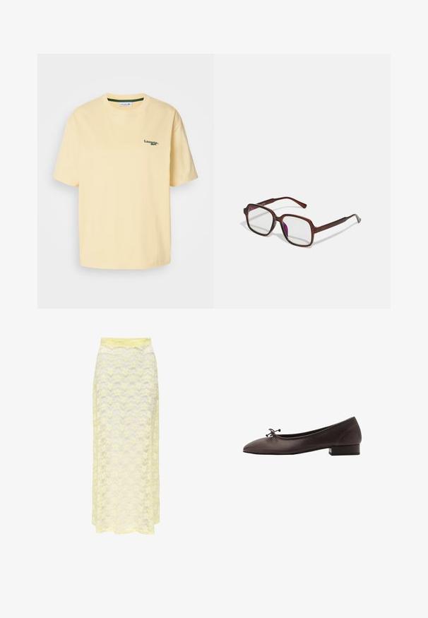 T-shirt in cotone giallo con vestibilità rilassata, maniche corte e logo ricamato verde sul lato sinistro del petto. Texture liscia, colletto a giro.; Gonna maxi gialla in pizzo con un motivo ondulato, caratterizzata da una vita liscia e una consistenza morbida e trasparente. Progettata per una silhouette fluida.; Ballerina in pelle marrone con punta arrotondata e tacco a blocco piccolo. Presenta un sottile fiocco sul davanti e dettagli di cucitura discreti.; Occhiali rettangolari marroni con lenti trasparenti e tonalità viola. Montatura in plastica liscia con stanghette dritte e accenti sottili.; Anello tono oro con una fascia liscia e arrotondata che presenta cinque accenti a stella, ognuno incastonato con gemme colorate in rosa, verde e blu.