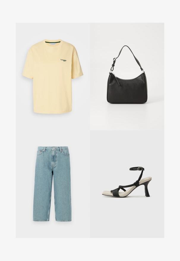 Žuta pamučna majica opuštenog kroja, kratkih rukava, s zelenim izvezenim logom na lijevoj strani prsiju. Glatka tekstura, okrugli izrez.; Svijetloplave traper šortse s visokim strukom, ravnog kroja i neuređenim rubom. Imaju klasično kopčanje na gumb i rajsferšlus, te četiri džepa.; Crne sandale na visokom potpetici s dizajnom pletenih trakica, kvadratnim vrhom i podešivom trakicom oko gležnja. Svijetlosmeđi ulošci s sjajnim crnim potpeticama.; Crna kožna torba s zakrivljenim oblikom, jednim remenom, zatvaranjem na patentni zatvarač i suptilnim brendiranjem sprijeda. Glatka tekstura, minimalistički dizajn.