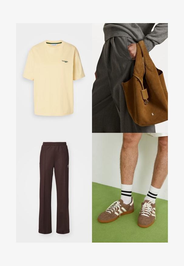 Sárga pamut póló laza szabással, rövid ujjal, zöld hímzett logóval a bal mellen. Simább textúra, kerek nyakkivágás.; Barna sport nadrág rugalmas derékkal, két oldalsó zsebbel és egy kis logóval a bal oldalon, puha anyagból készült.; Barna velúr sportcipő fehér díszítéssel és fűzővel. Gumi talp. Fehér zoknival viselve, fekete csíkokkal. Zöld, textúrázott padló.; Barna velúr táska lekerekített formával, dupla fogantyúval és fém részlettel. Az elején egy kis logó található.