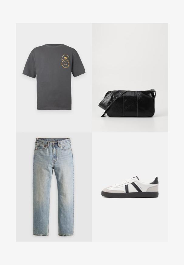 Gray short-sleeve t-shirt made of cotton. Features a yellow circular graphic design with text and stars on the left chest.; Light blue denim jeans with high waist, front button, zipper, and five-pocket design, laid flat on a neutral background.; White sneaker with black and gray accents, featuring a textured gray toe cap, black rubber sole, and flat white laces. Clean design, minimalist style.; Black leather shoulder bag with a zip closure, featuring a textured body, white stitching, and a strap with silver grommets.