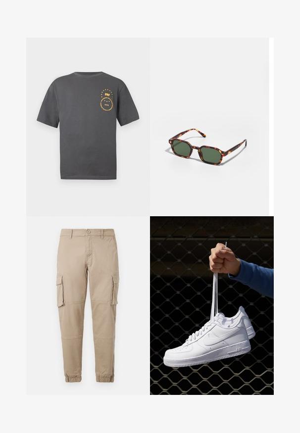 Harmaa lyhythihainen t-paita, joka on valmistettu puuvillasta. Vasemmassa rinnassa on keltainen ympyrämainos, jossa on tekstiä ja tähtiä.; Beige cargo-housut kevyestä puuvillamateriaaliesta. Omistaa elastiset hihnat, useita sivutaskuja ja nappisuljin.; Valkoiset nahkasneakersit, joissa on rei'ityksiä, pyöreä kärki, tasapohja ja paksut nauhat, joissa on näkyvä swoosh-logo ja "AIR" kantapäässä.; Kilpikonnakuosiset aurinkolasit vihreillä linsseillä, joissa on oktaalinen muoto ja kapeat, kaarevat varret. Materiaalissa on kiiltävä pinta.