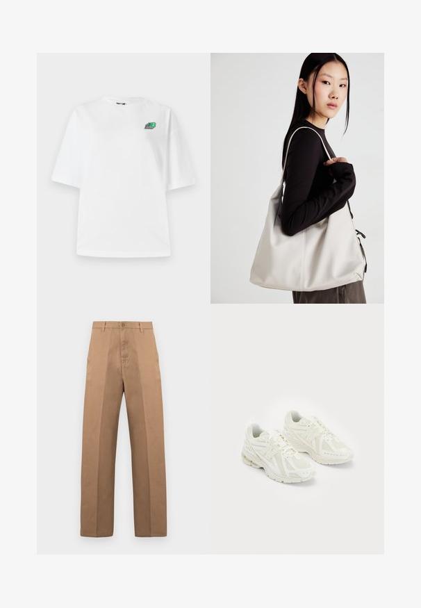 Biely bavlnený tričko s krátkym rukávom, voľný strih, s malým viacfarebným logom na oblasti ľavej hrude. Hladká textura.; Hnedé bavlnené nohavice s priamym strihom, vybavené zapínaním na gombík, pútkami na opasok a minimálnymi švami pre čistý vzhľad.; Biele športové topánky vyrobené z mäkkej sieťoviny a syntetických materiálov, dizajn na šnurovanie, polstrovaný golier a textúrová podrážka pre lepšiu trakciu. Ľahká konštrukcia.; Béžová kabelka vyrobená z mäkkého materiálu, s uvoľneným dizajnom, prišitými detailmi a dvoma popruhmi na nosenie na pleciach. Vhodná na každodenné nosenie.
