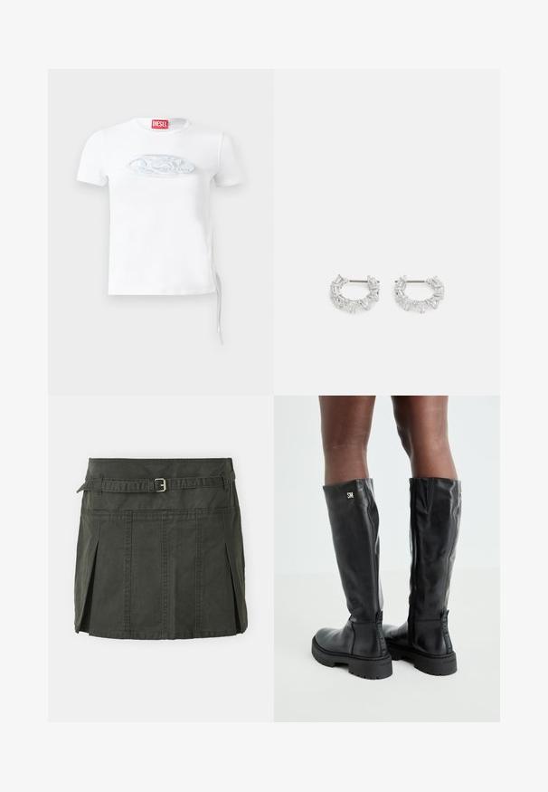 Balts īsā piedurkne T-krekls, izgatavots no kokvilnas. Ietver teksturētu sudraba logo priekšpusē un sānu auklas, kas nodrošina regulējamu piegulšanu.; Tumši zaļa kokvilnas mini svārki ar pieguļošu jostasvietu, jostu un priekšējiem krokiem. Iekļauj šuvju detaļas un klasisku griezumu.; Melnas ādas zābaki līdz ceļiem ar gludu tekstūru, noapaļotu purngali, masīvu zoli un rāvējslēdzēju. Sānos atrodas sudraba logo.; Sudraba auskari ar cilindra formu, kuros ir novietoti taisnstūra un trīsstūra skaidri kristāli, sakārtoti apļa formā ar centrālo stiprinājumu.