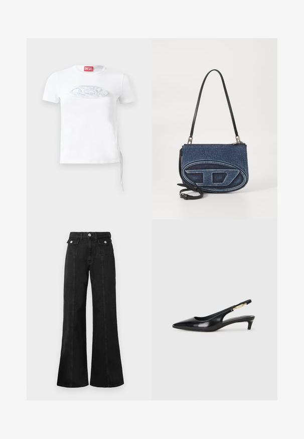 Valkoinen lyhythihainen T-paita, joka on valmistettu puuvillasta. Edessä on teksturoitu hopeinen logo ja sivuilla nyörit säädettävää istuvuutta varten.; Mustat farkkukangas leveälahkeiset housut, joissa on korkea vyötärö, kaksi etutaskua, hopeasävyiset yksityiskohdat ja näkyvät saumarivistöt edessä.; Mustat nahkaiset slingback-korkokengät, joissa on terävä kärki, ohuet korot ja kultasävytteinen yksityiskohta säädettävässä hihnassa. Silkkinen pinta.; Denim-mallinen olkalaukku, jossa on musta nahkahihna, etupuolella ovale logo -kuvio ja vetoketjukiinnitys ylhäällä. Rakeinen pinta.