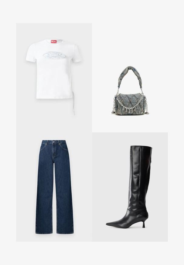 White short-sleeve t-shirt made of cotton, featuring a subtle embossed logo in blue-grey at the chest and side drawstring detail.; Wide-leg jeans made of dark denim. Features a classic five-pocket design, button closure, and subtle fading at the knees.; Black leather knee-high boot with a pointed toe and slim curved heel. Smooth texture, fitted design, and no visible hardware or patterns.; Denim handbag with quilted pattern, blue color, short braided handle, and silver chain strap featuring metallic brand lettering detail.